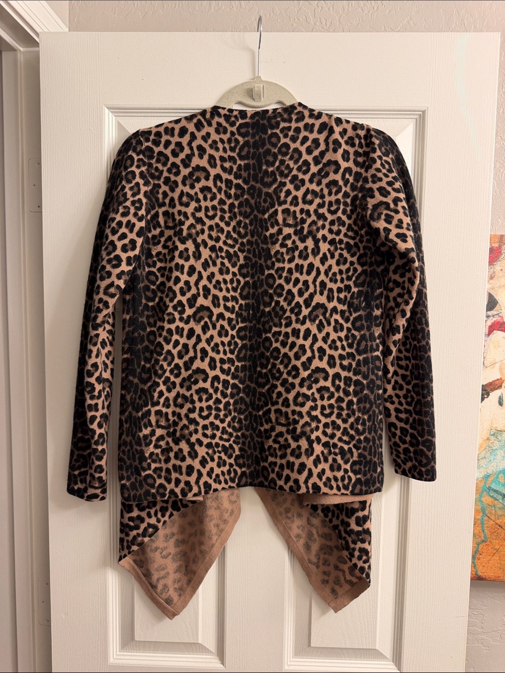 Saks Fifth Avenue 100% Cashmere Leopard Print Open-Front Cardigan Beige & Black - Picture 7 of 11